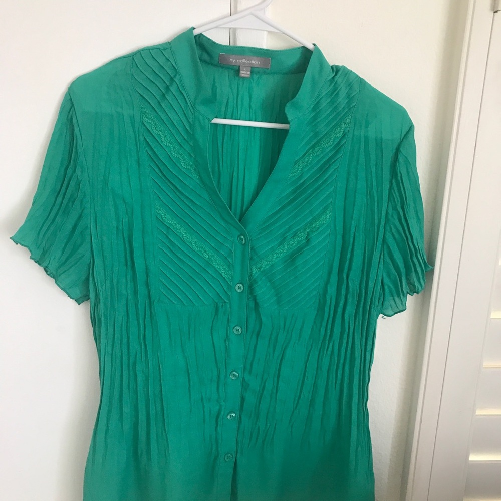 NY Collection Women's Green Button-Front Short Sleeve Top